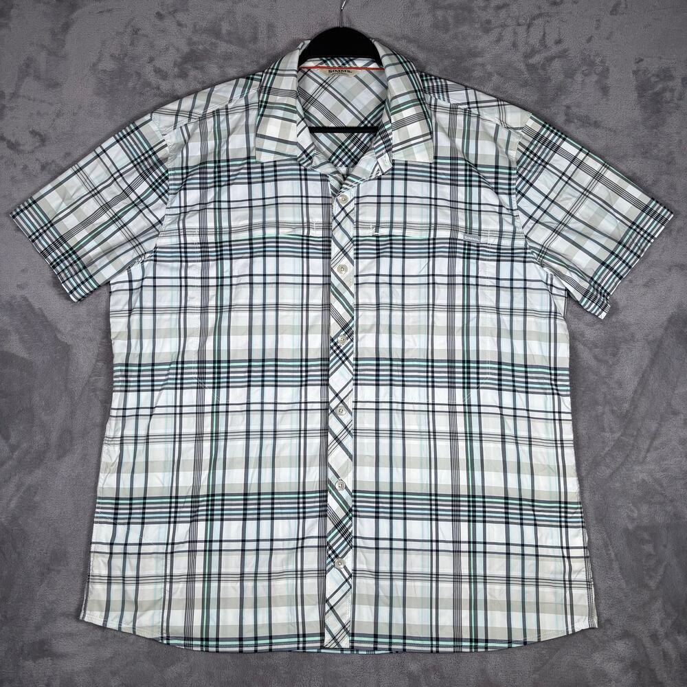 Simms Brrr Cooling Plaid Short Sleeve Fishing Shirt Men’s XL White Gray